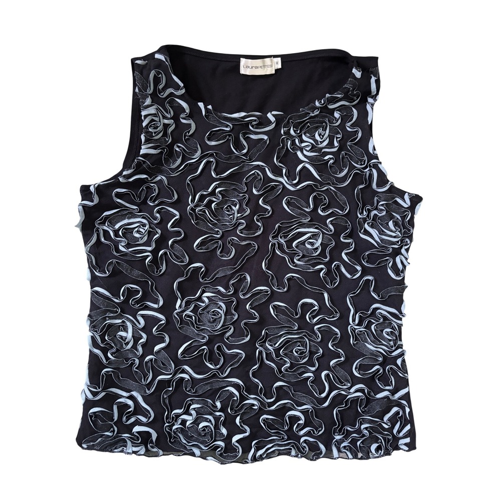Y2K Laura Petites Black 3D Rosette Sleeveless Shell Top Mesh Floral Tank Size M
